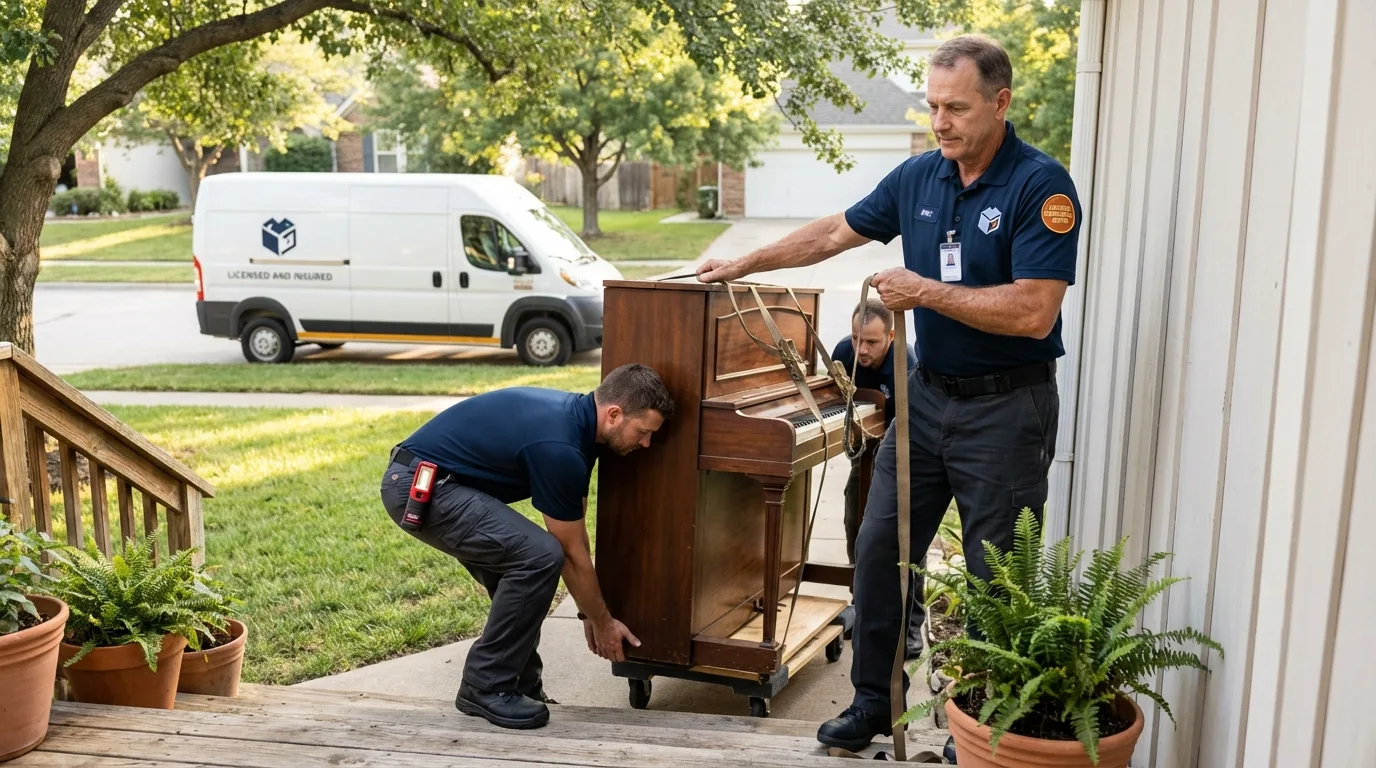 Licensed piano movers securing grand piano in Hyde Park, PA