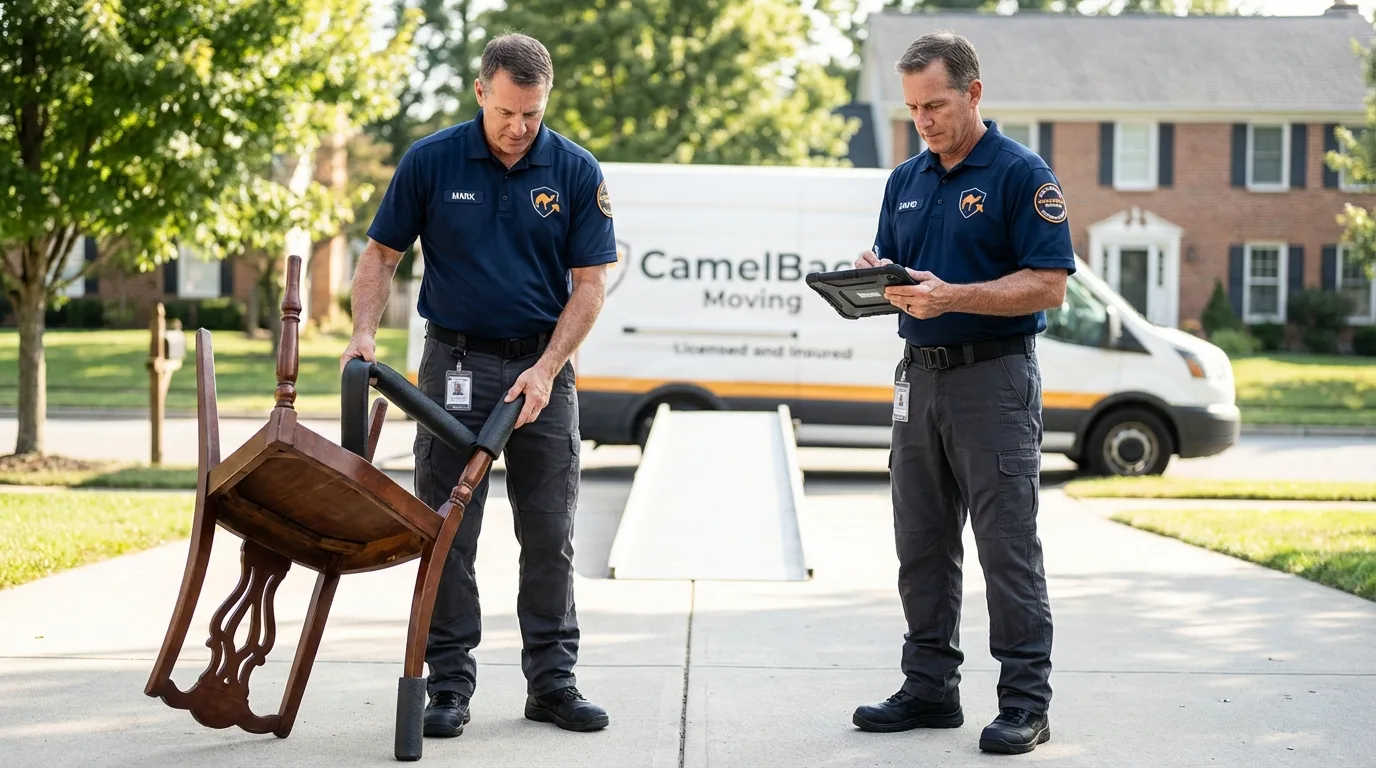 Movers inspecting furniture for damage prevention before loading in Hyde Park, PA