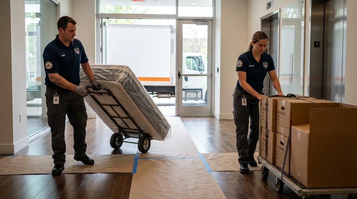 Professional apartment movers loading elevator in Hyde Park, PA