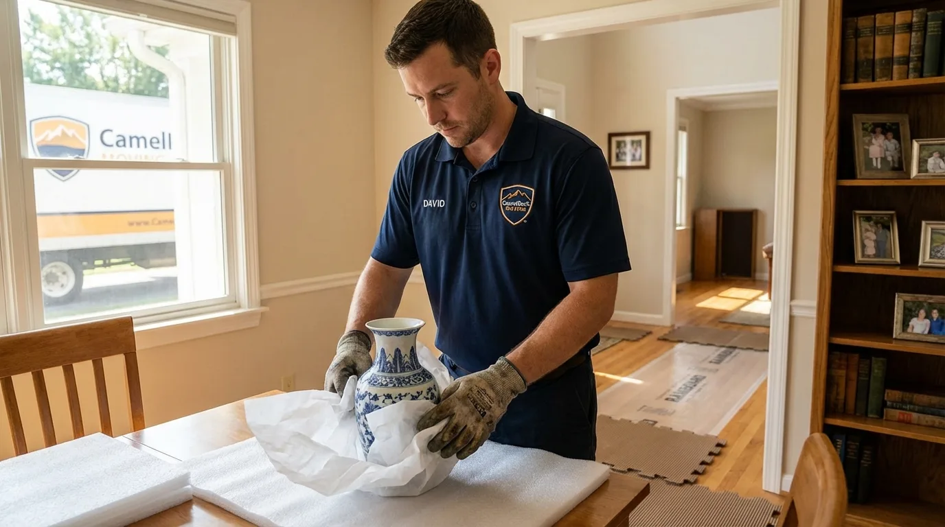 Professional crew carefully wrapping antique vase for senior downsizing move in Hyde Park, PA